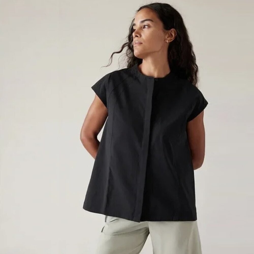 Athleta Performance Poplin Popover Top, Black Blouse Oversized Shirt, XS